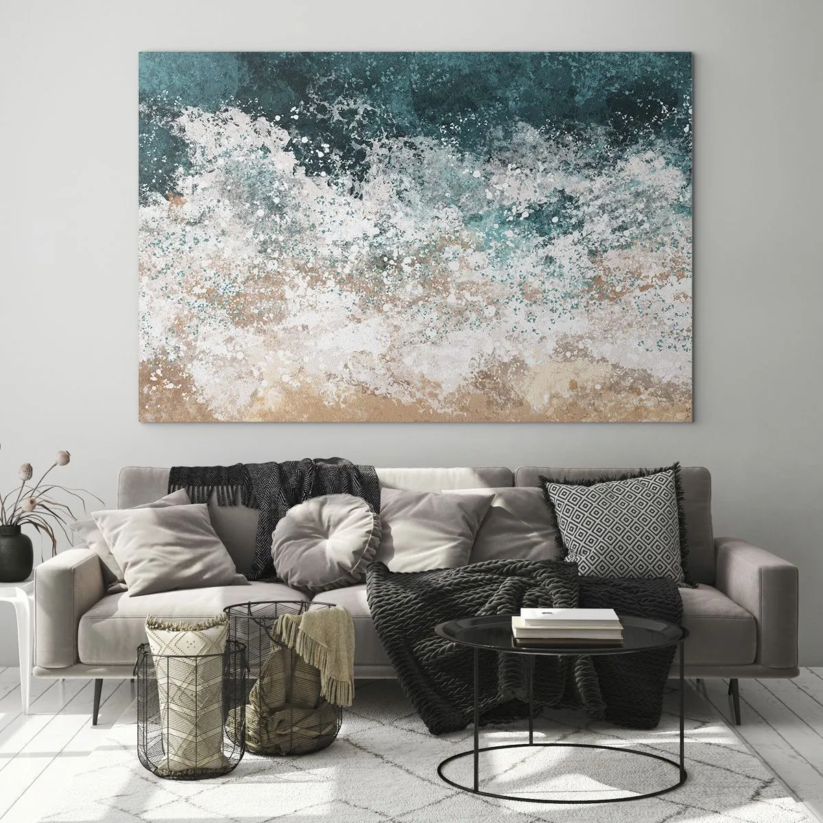 Obraz na skle - Abstraktné morské vlny v odtieňoch tyrkysovej, bielej a pieskovo béžovej - 70x50cm - Morské príbehy - Moderná nástenná dekorácia do obývacej izby a spálne ARTTOR