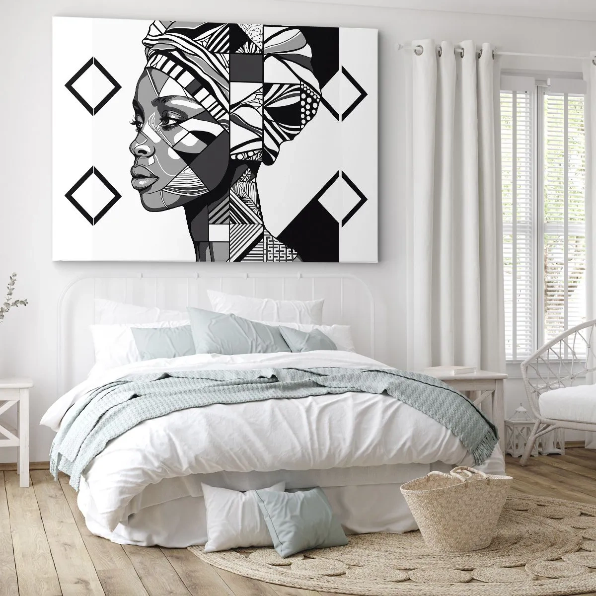 Obraz na plátne - Čiernobiely portrét ženy v etnickom štýle - 70x50cm - Etnický portrét - Moderná nástenná dekorácia do obývacej izby a spálne ARTTOR