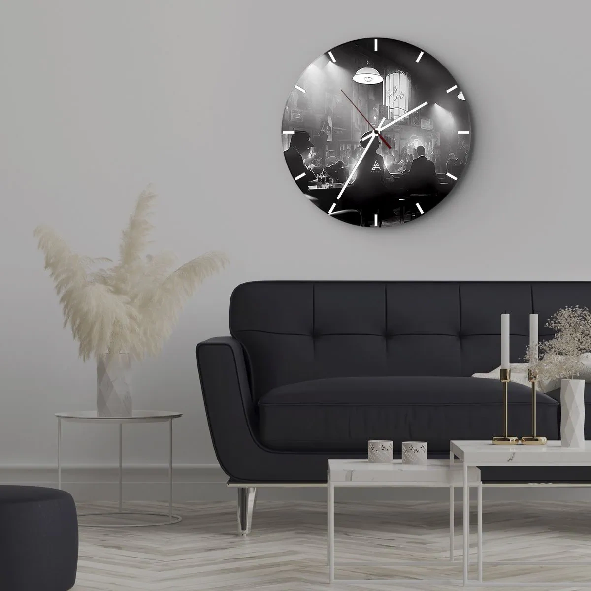 Nástenné hodiny - Čiernobiela scéna z džezového klubu so siluetami hostí - 30x30cm - V jazzovej atmosfére - Moderná nástenná dekorácia do obývacej izby, kuchyne a spálne ARTTOR