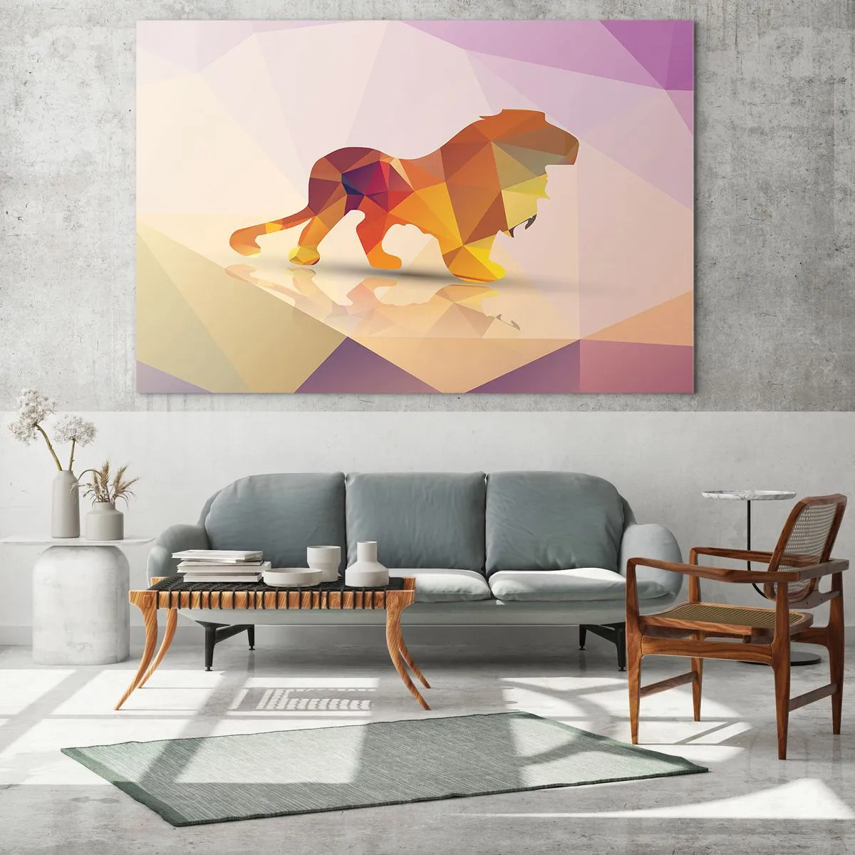 Obraz na skle - Geometrický lev v farebnej abstrakcii - 70x50cm - Diamantový kráľ - Moderná nástenná dekorácia do obývacej izby a spálne ARTTOR