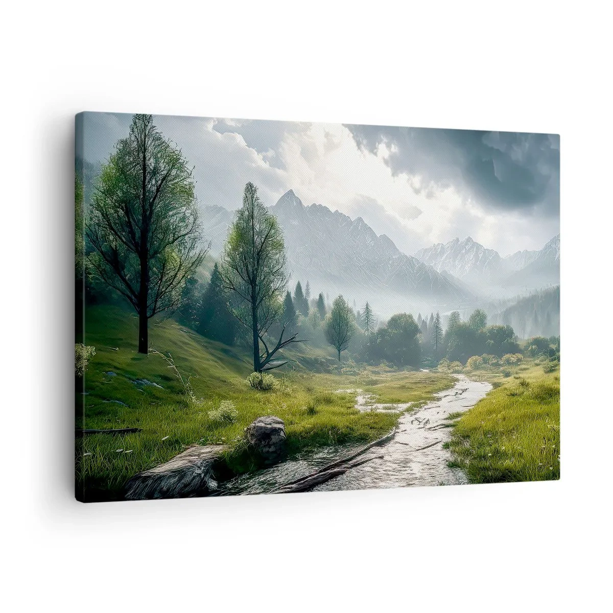 Obraz na plátne - Horská krajina s riekou a stromami obklopenými hmlistými horami - 70x50cm - Tam a späť - Moderná nástenná dekorácia do obývacej izby a spálne ARTTOR