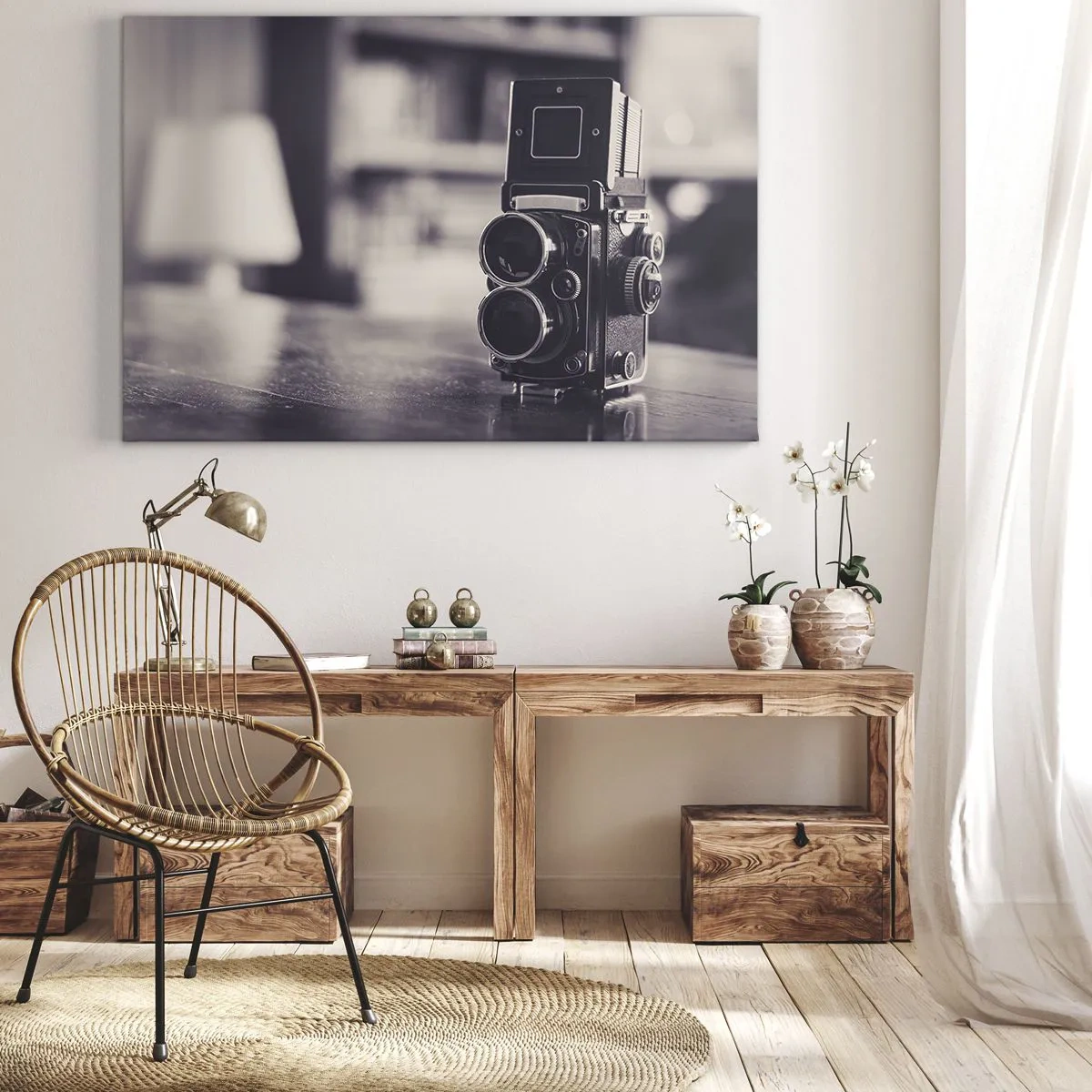 Obraz na plátne - Starožitný fotoaparát v čiernobielej farbe - 70x50cm - Kúzlo starej fotografie - Moderná nástenná dekorácia do obývacej izby a spálne ARTTOR