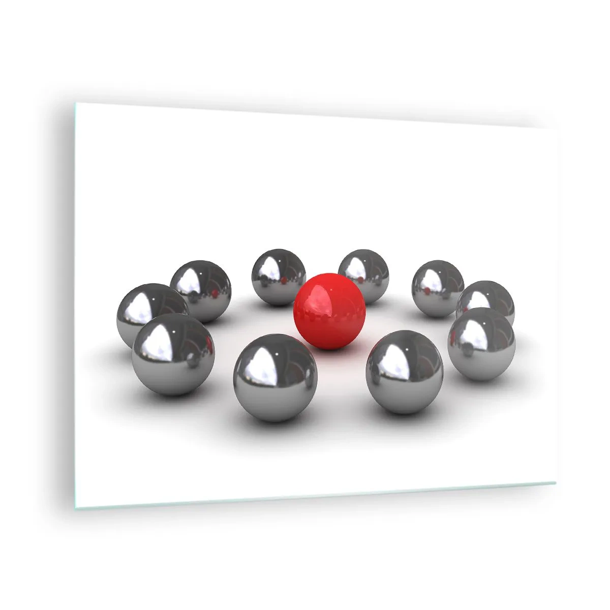 Obraz na skle - Červená guľa obklopená striebrom na bielom pozadí - 70x50cm - Kruh v striebornej a červenej - Moderná nástenná dekorácia do obývacej izby a spálne ARTTOR