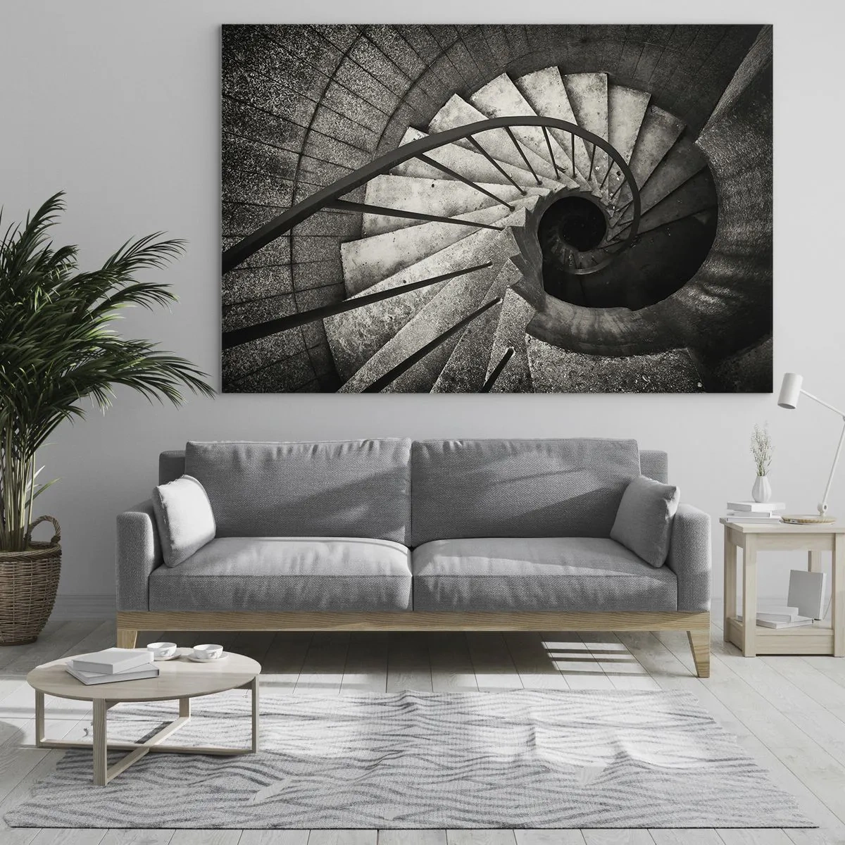 Obraz na skle - Čiernobiele točité schodisko z vtáčej perspektívy - 70x50cm - Hore po schodoch, dole po schodoch - Moderná nástenná dekorácia do obývacej izby a spálne ARTTOR