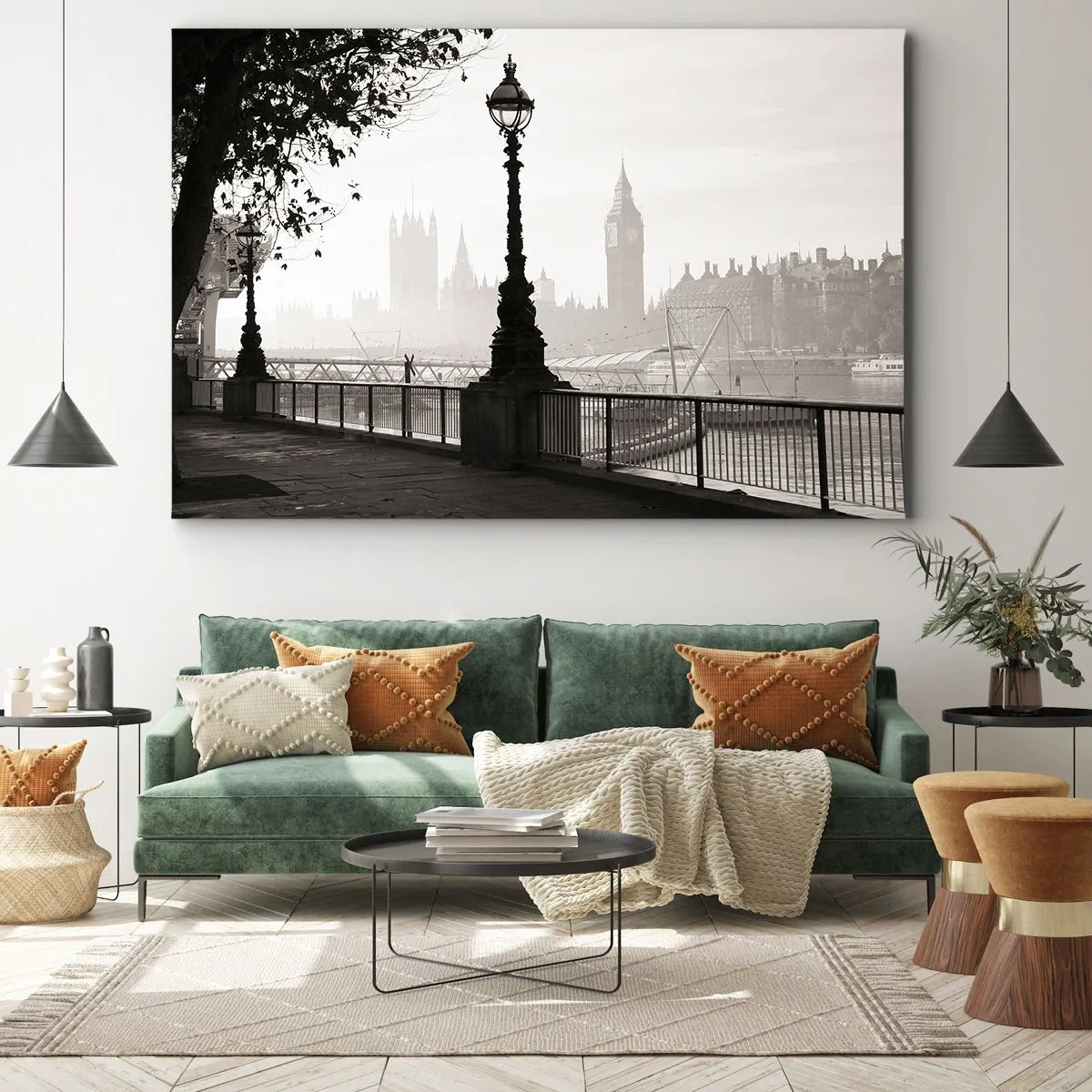 Obraz na plátne - Monochromatický pohľad na Big Ben a Temžu. - 70x50cm - Londýnske ráno - Moderná nástenná dekorácia do obývacej izby a spálne ARTTOR