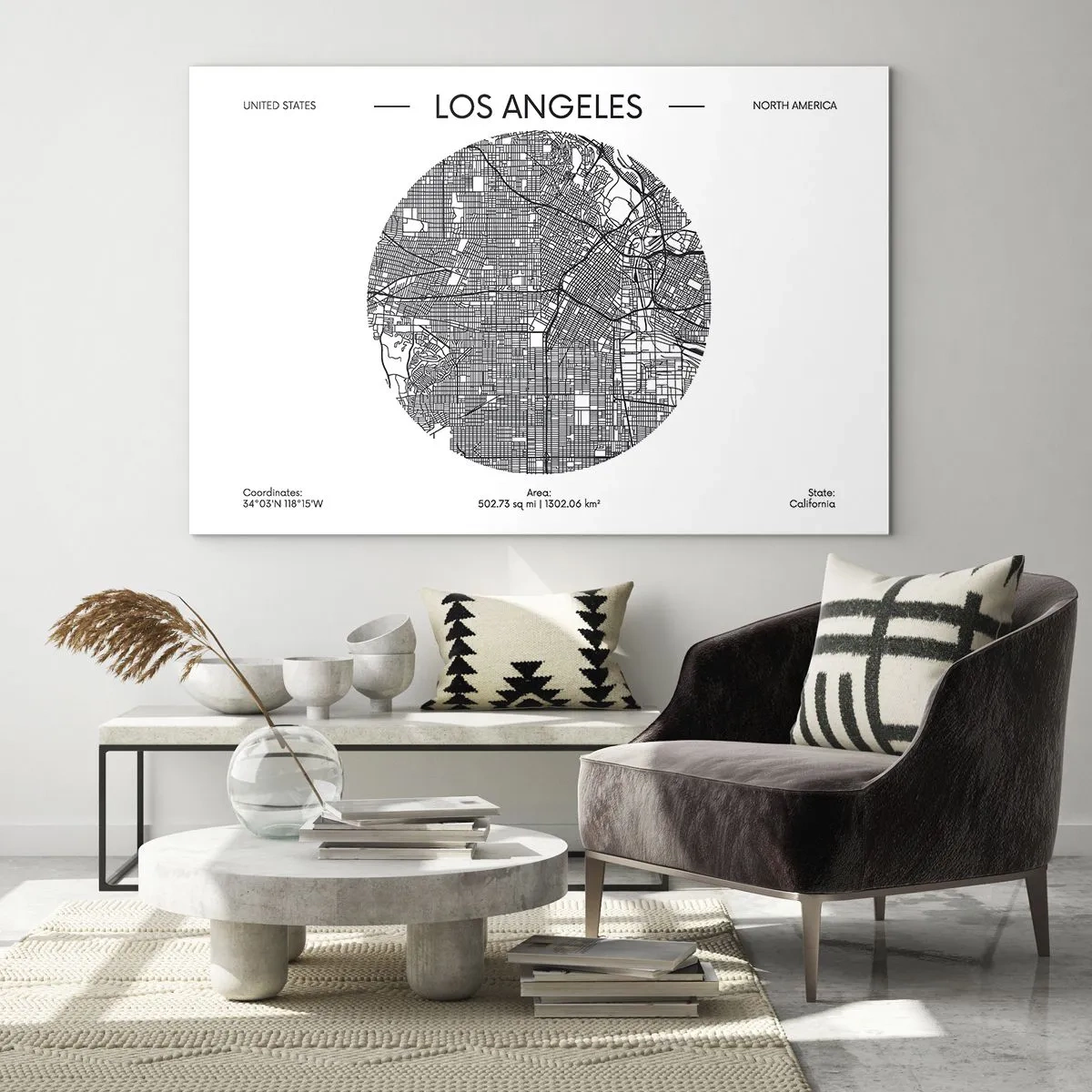 Obraz na skle - Minimalistická čiernobiela mapa Los Angeles. - 70x50cm - Anatómia Los Angelesu - Moderná nástenná dekorácia do obývacej izby a spálne ARTTOR