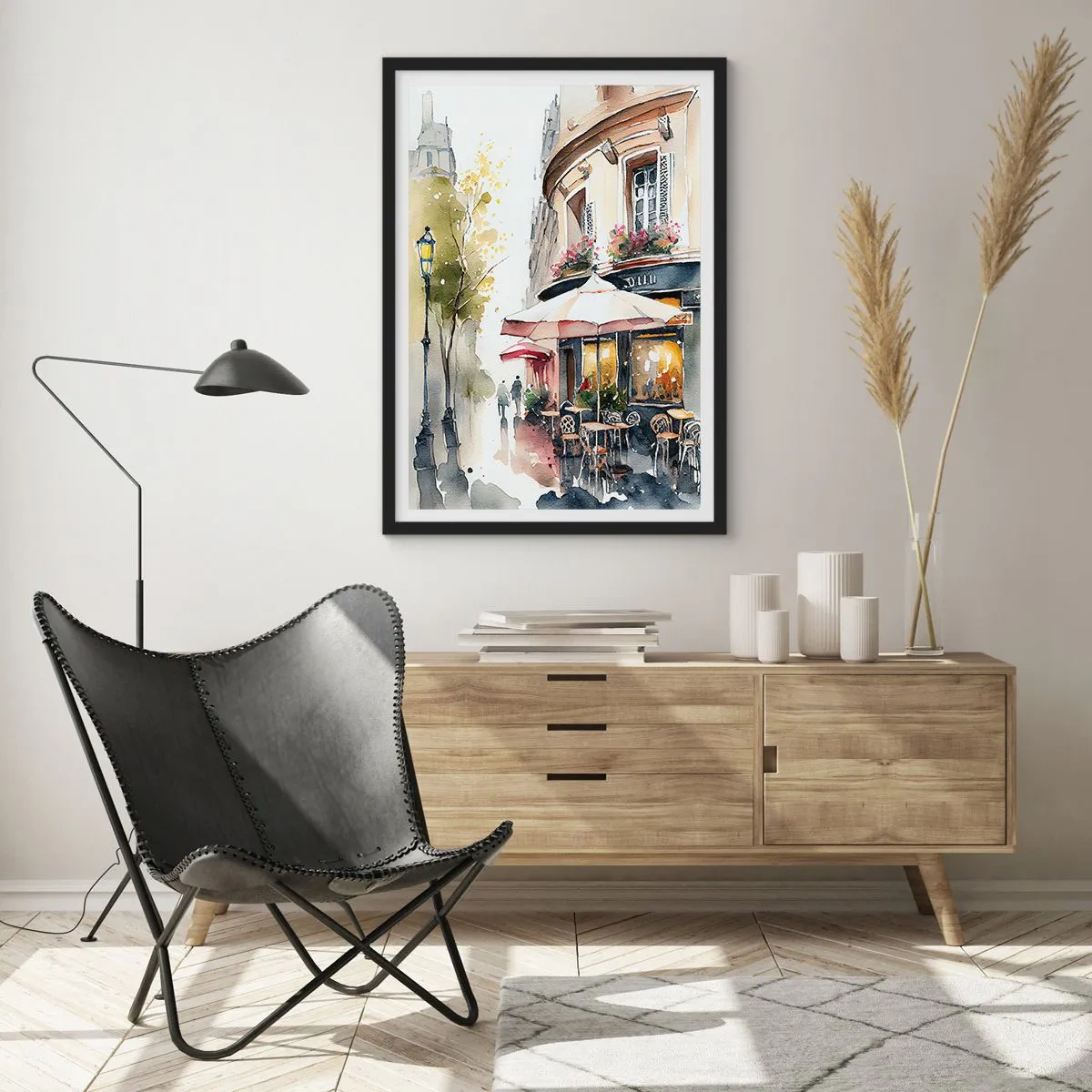Plagát v čiernom ráme - Kaviareň na malebnej ulici v európskom štýle - 50x70cm - Parížske ráno - Moderná nástenná dekorácia do obývacej izby a spálne ARTTOR