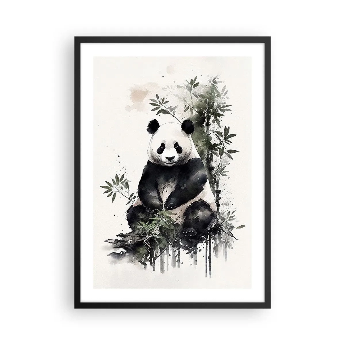 Plagát v čiernom ráme - Akvarelová panda obklopená bambusovými listami - 50x70cm - Pozdravy z Číny - Moderná nástenná dekorácia do obývacej izby a spálne ARTTOR