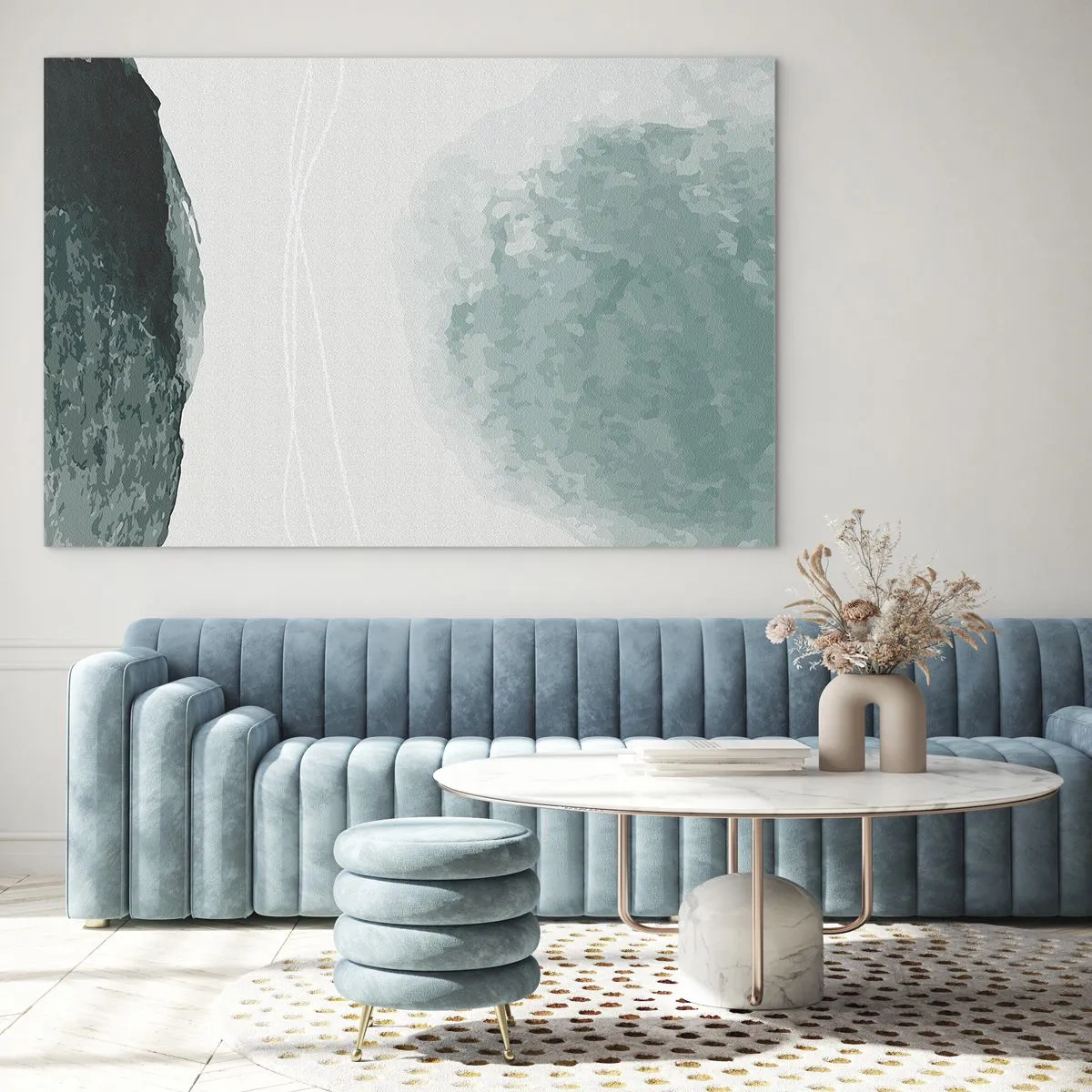 Obraz na skle - Zelené abstraktné tvary na svetlom pozadí pripomínajúce hmlu - 70x50cm - Stretnutie s hmlou - Moderná nástenná dekorácia do obývacej izby a spálne ARTTOR