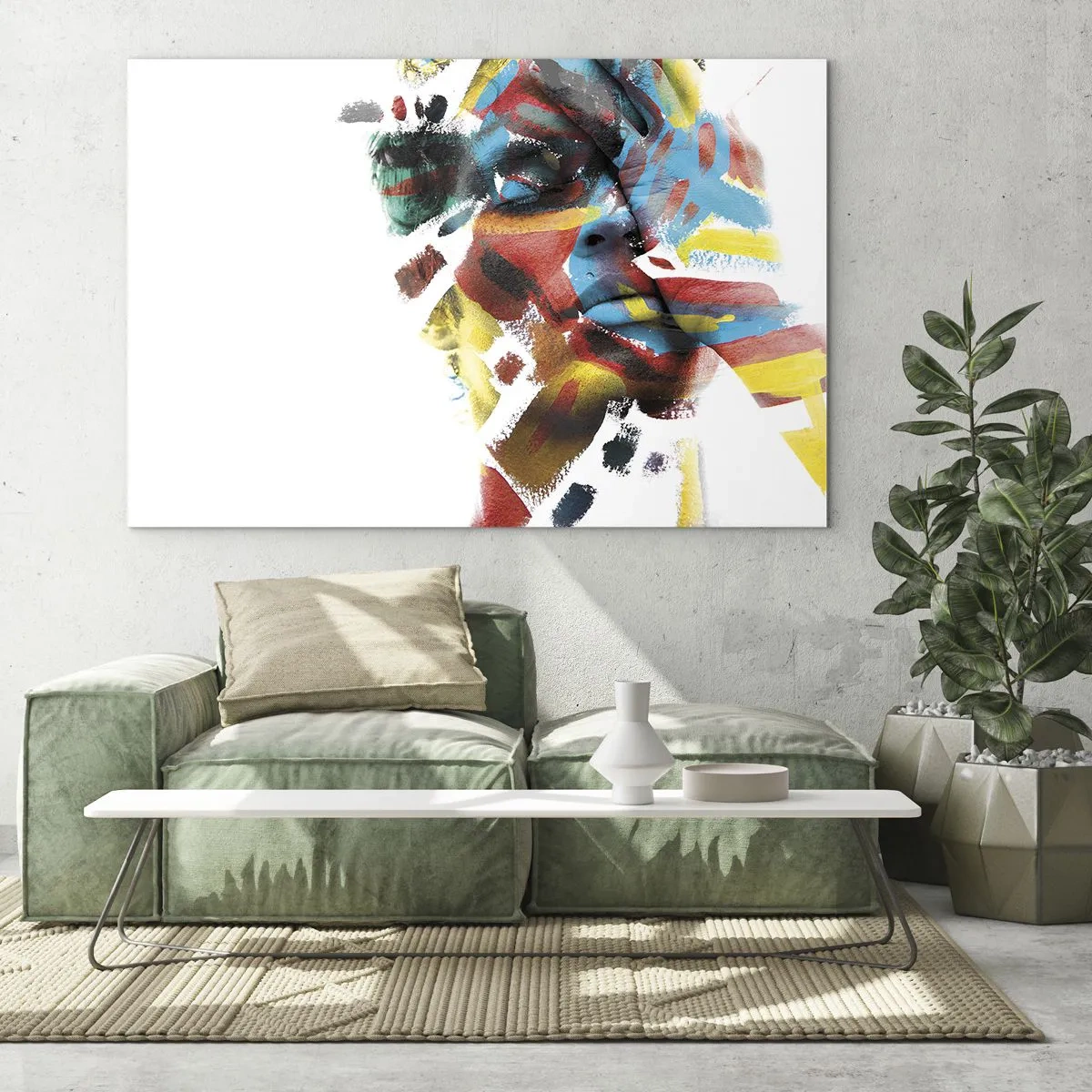 Obraz na skle - Portrét s abstraktnými, farebnými akcentmi na tvári - 70x50cm - Pestrá osobnosť - Moderná nástenná dekorácia do obývacej izby a spálne ARTTOR
