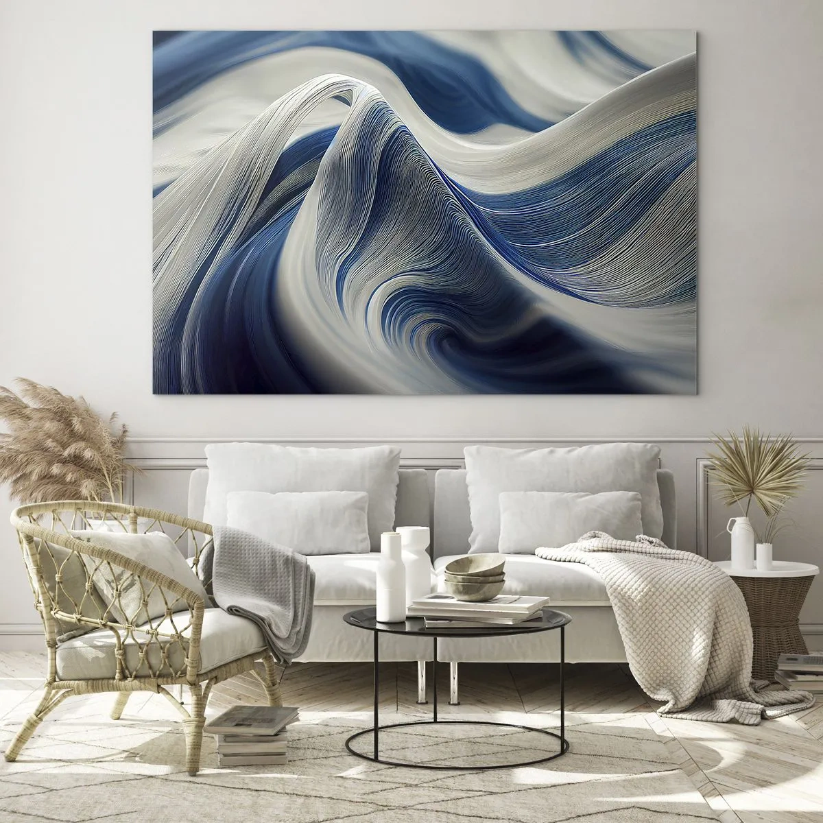 Obraz na skle - Dynamická abstrakcia v odtieňoch modrej a bielej - 70x50cm - Plynulosť modrej a bielej - Moderná nástenná dekorácia do obývacej izby a spálne ARTTOR