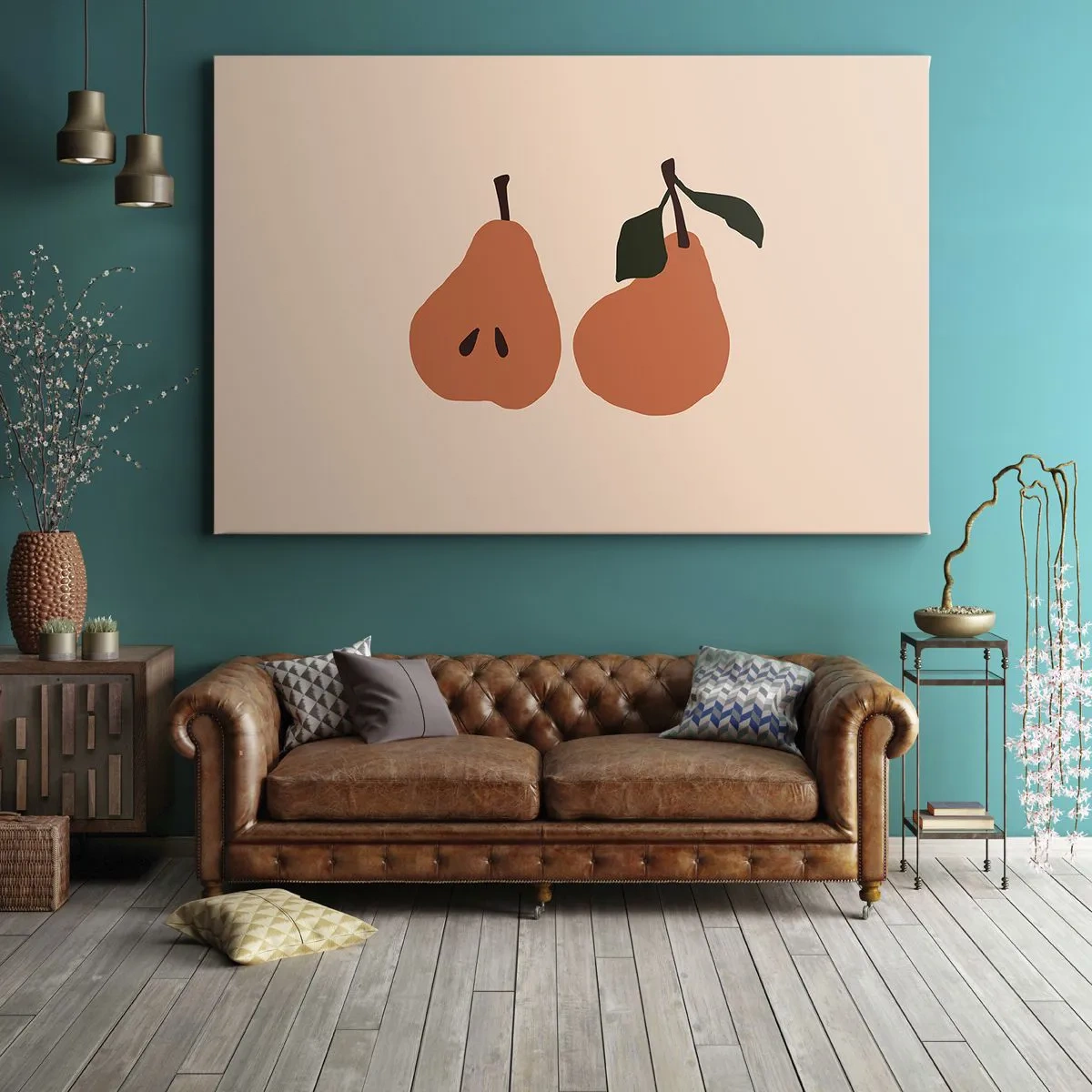 Obraz na plátne - Minimalistická ilustrácia dvoch hrušiek na béžovom pozadí. - 70x50cm - Číra sladkosť - Moderná nástenná dekorácia do obývacej izby a spálne ARTTOR