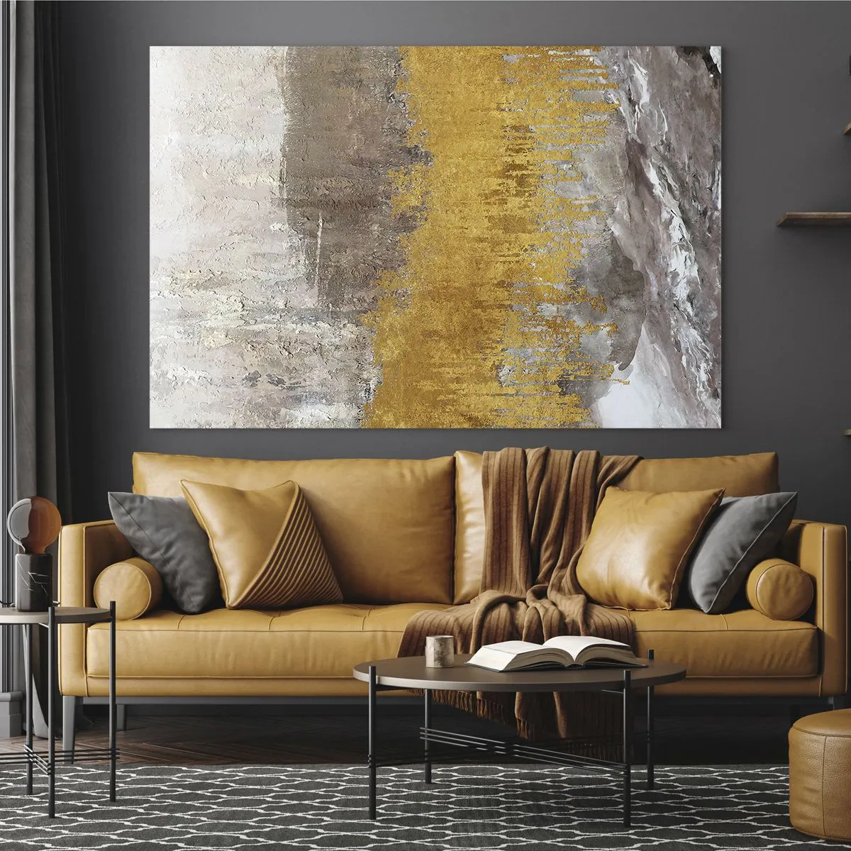 Obraz na skle - Zlaté a zemité štruktúry vytvárajú dynamickú abstrakciu - 70x50cm - Zlatistý závan - Moderná nástenná dekorácia do obývacej izby a spálne ARTTOR