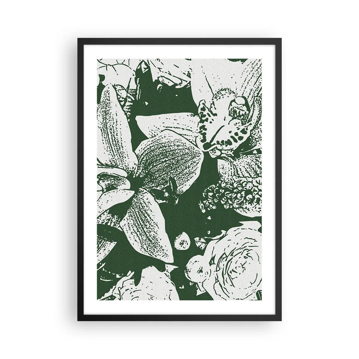 Plagát v čiernom ráme - Botanická ilustrácia kvetov a listov v kontrastných farbách - 50x70cm - Kytica – svet zelene - Moderná nástenná dekorácia do obývacej izby a spálne ARTTOR