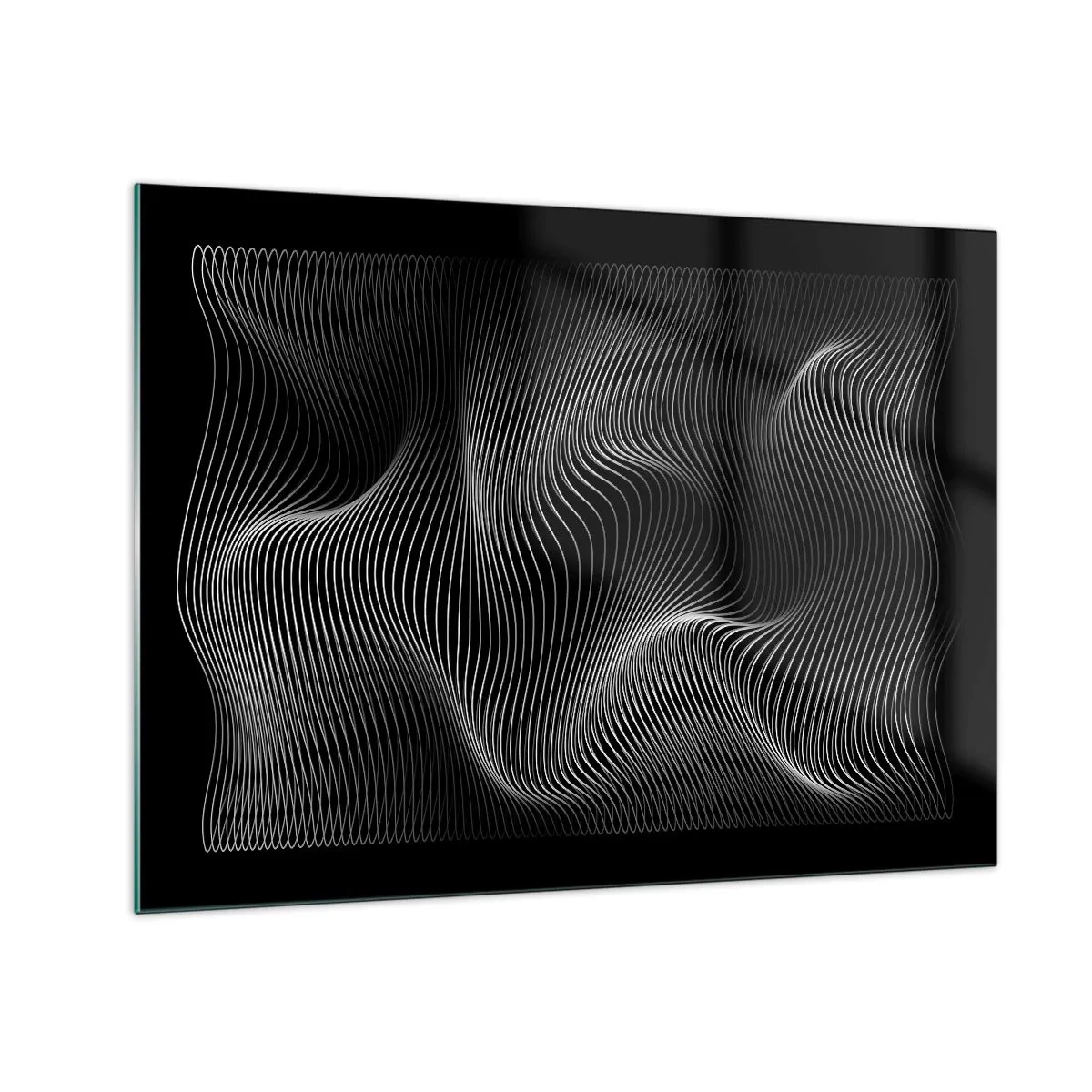 Obraz na skle - Hypnotizujúce biele čiary vlniace sa na čiernom pozadí - 70x50cm - Tanec svetla v priestore - Moderná nástenná dekorácia do obývacej izby a spálne ARTTOR