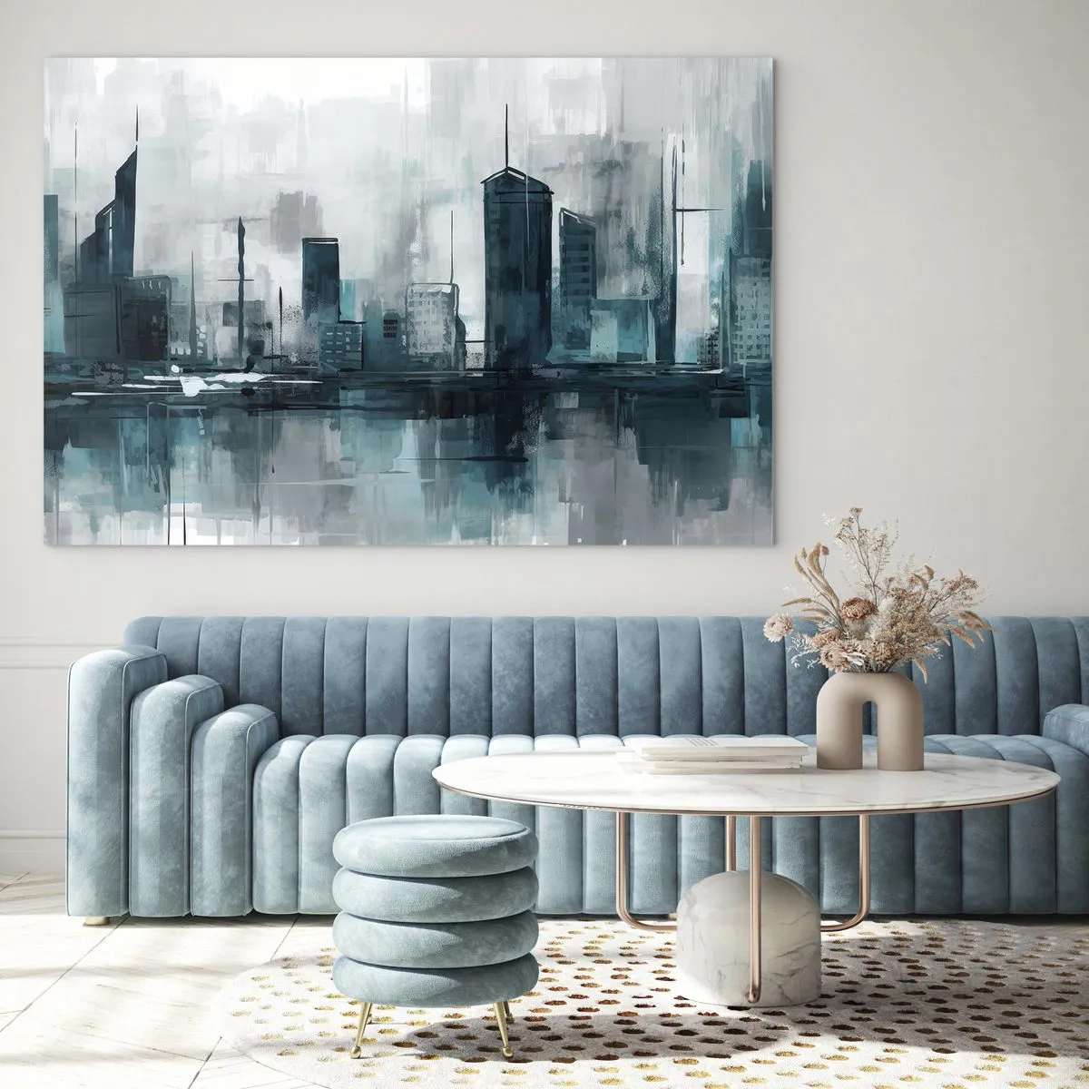 Obraz na skle - Moderné mesto v odtieňoch modrej a sivej - 70x50cm - Mesto vo farbe dažďa - Moderná nástenná dekorácia do obývacej izby a spálne ARTTOR