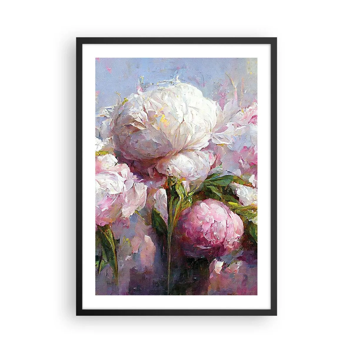 Plagát v čiernom ráme - Pivonky v romantickej, maliarskej kompozícii - 50x70cm - Kytica prekypujúca životom - Moderná nástenná dekorácia do obývacej izby a spálne ARTTOR