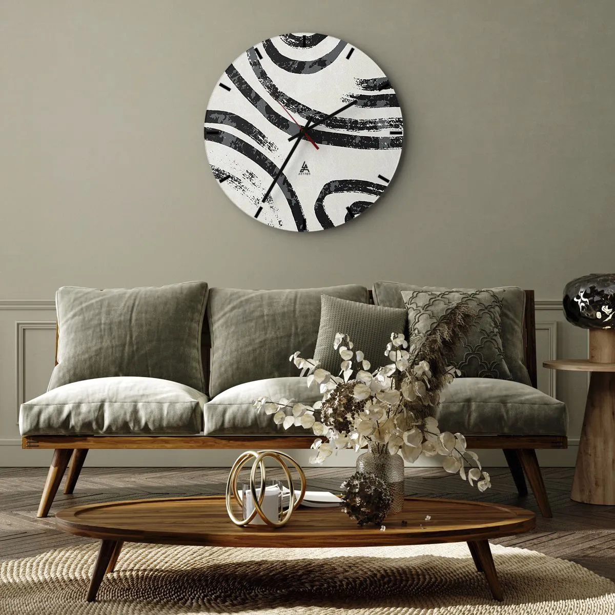 Nástenné hodiny - Čierne a sivé oblúky na svetlom pozadí v minimalistickom štýle - 30x30cm - Napoly zastavený - Moderná nástenná dekorácia do obývacej izby, kuchyne a spálne ARTTOR