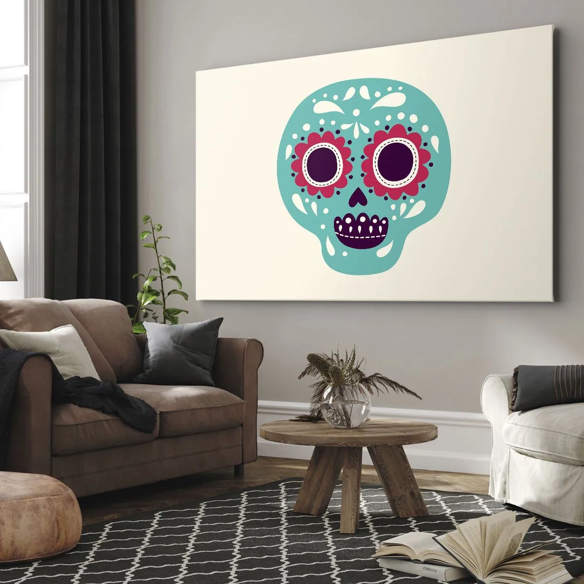 Obraz na plátne - Tyrkysovo-fialová cukrová lebka inšpirovaná mexickou kultúrou - 70x50cm - Život – zábava až do smrti - Moderná nástenná dekorácia do obývacej izby a spálne ARTTOR