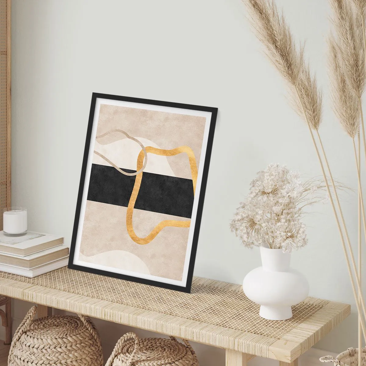 Plagát v čiernom ráme - Abstraktná kompozícia s čiernym, zlatým a neutrálnym pozadím - 50x70cm - Tvary v slučke - Moderná nástenná dekorácia do obývacej izby a spálne ARTTOR
