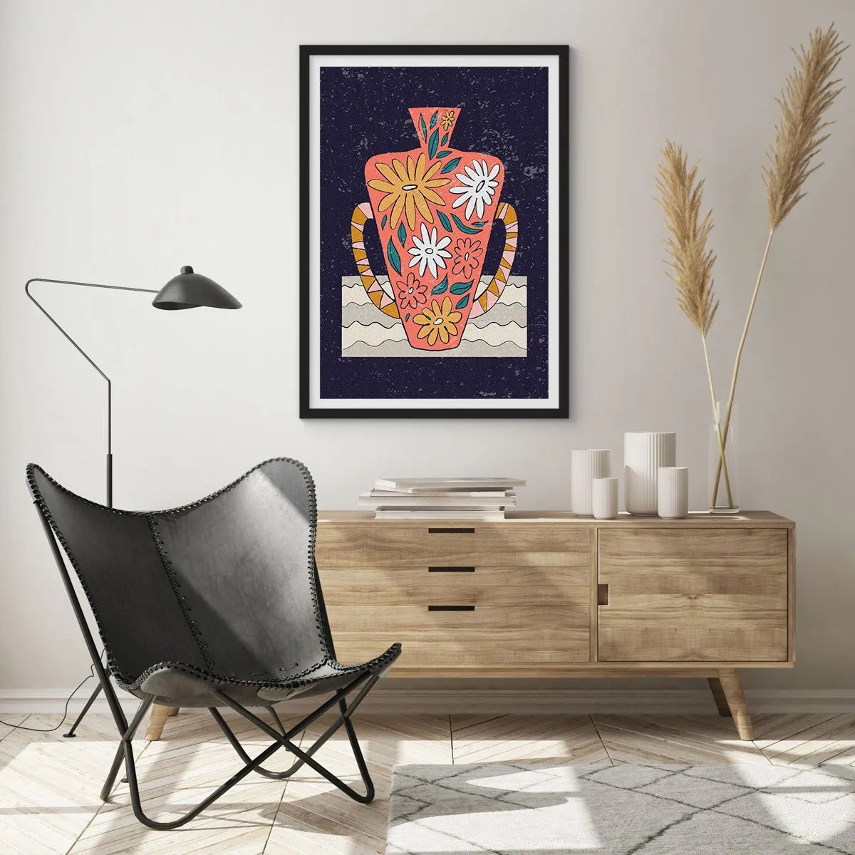 Plagát v čiernom ráme - Farebná váza s kvetinovým vzorom na tmavom pozadí - 50x70cm - Maľovaný džbán - Moderná nástenná dekorácia do obývacej izby a spálne ARTTOR