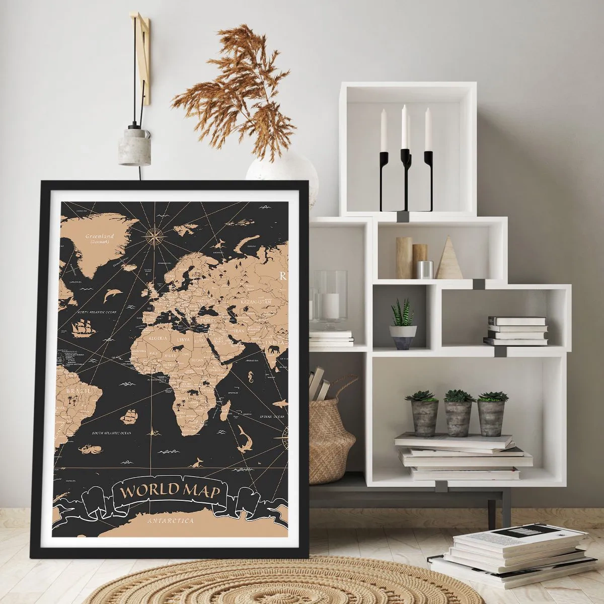 Plagát v čiernom ráme - Štylizovaná mapa sveta vo vintage farbách - 50x70cm - Hranice môjho sveta - Moderná nástenná dekorácia do obývacej izby a spálne ARTTOR