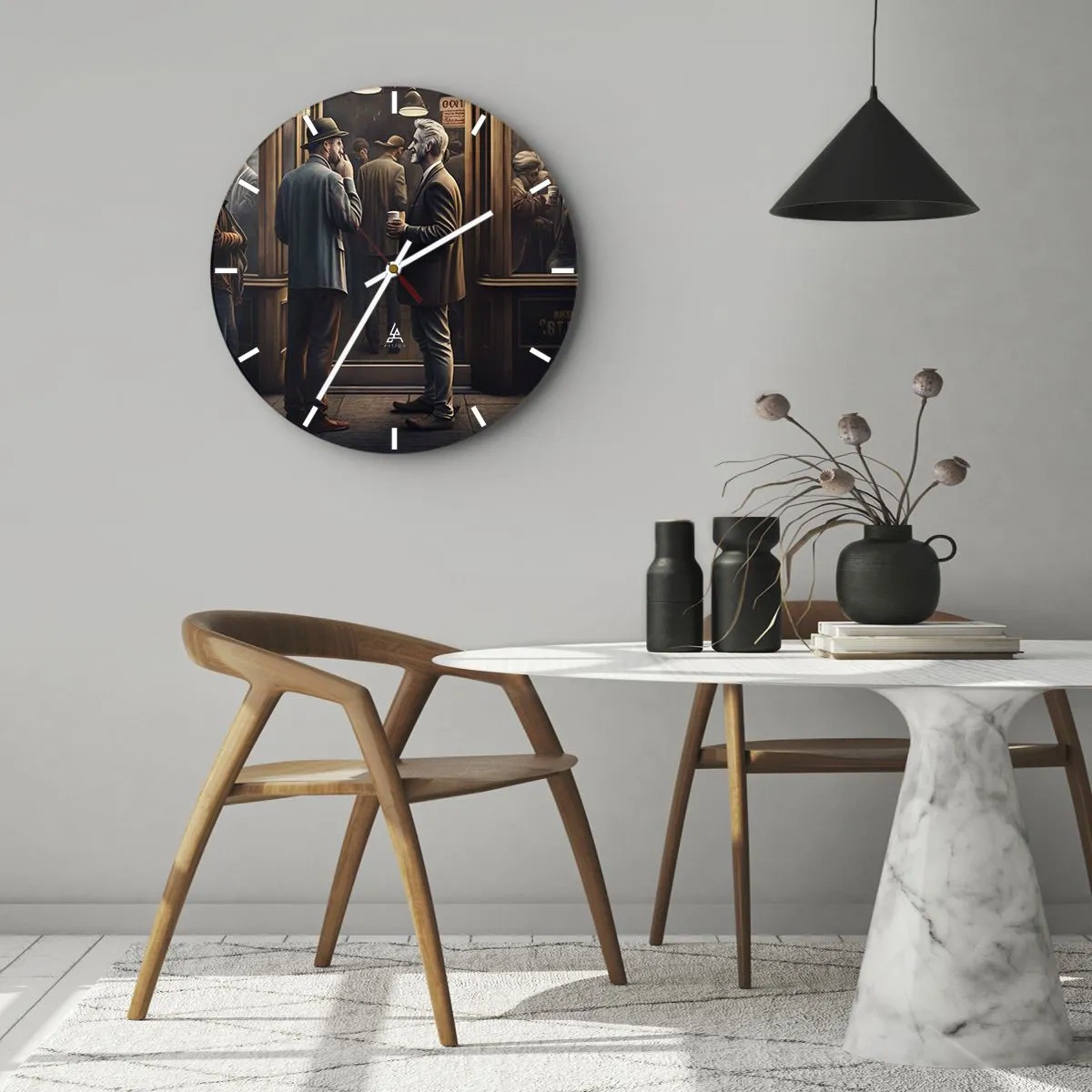 Nástenné hodiny - Dvaja muži sa rozprávajú pri káve pred kaviarňou - 30x30cm - Dobrá chvíľa dňa - Moderná nástenná dekorácia do obývacej izby, kuchyne a spálne ARTTOR