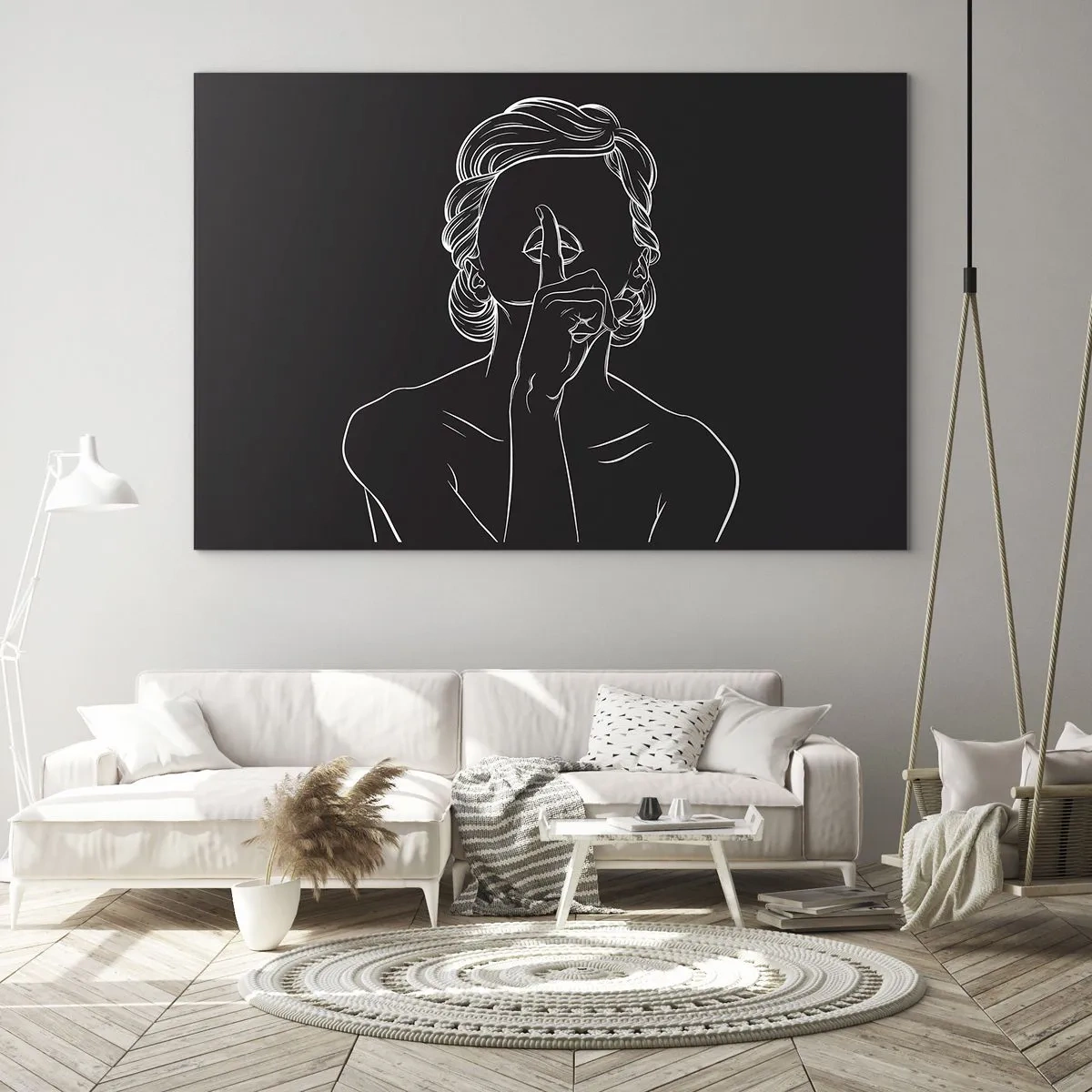 Obraz na skle - Minimalistická silueta ženy, ktorá robí gesto ticha. - 70x50cm - Krása rozkvitá v tichu - Moderná nástenná dekorácia do obývacej izby a spálne ARTTOR