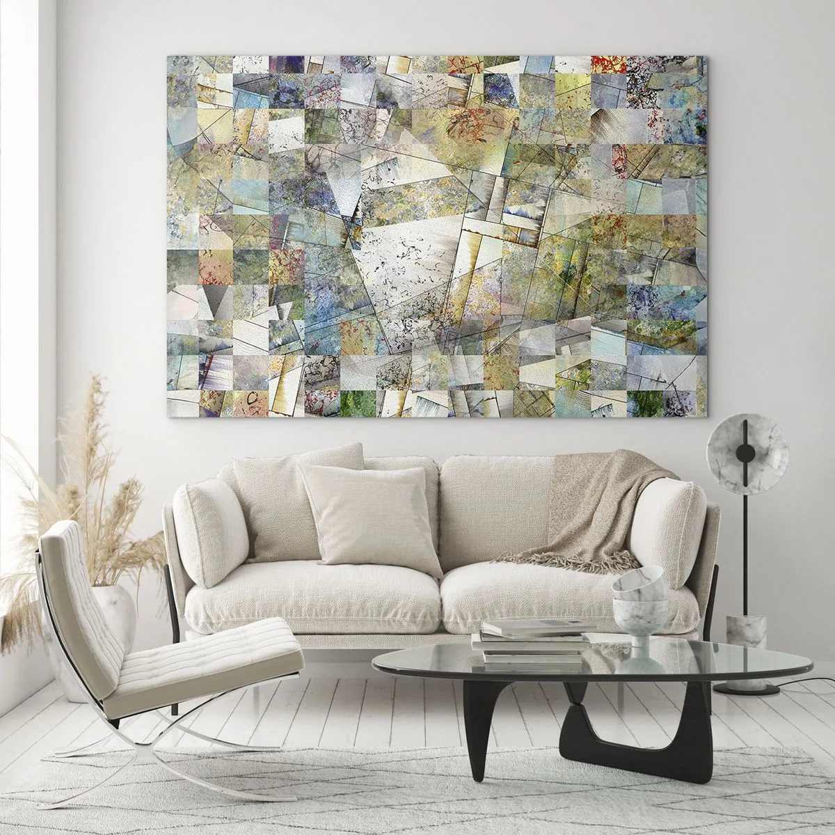 Obraz na skle - Farebná kompozícia fragmentovaných geometrických tvarov - 70x50cm - Geometrické preskupenie - Moderná nástenná dekorácia do obývacej izby a spálne ARTTOR